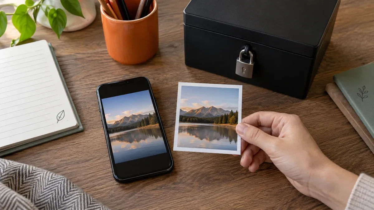 Kilitli siyah kutunun yanında telefondaki manzara fotoğrafının basılı kopyasını uzatan el.