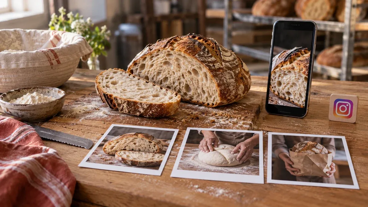 Ekmek, hamurun hazırlanışını gösteren fotoğraflar ve dikey çekim için yerleştirilen telefon.