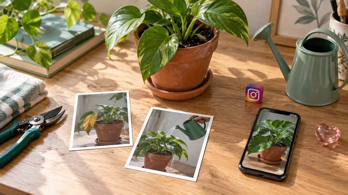 Bir bitkinin bakım aşamalarını gösteren iki fotoğraf, telefon ve küçük kalp simgesi.
