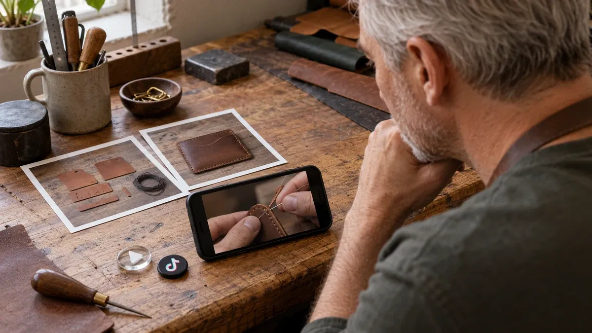 Bir el işi videosunun başlangıç ve sonuç karelerini inceleyen üretici, telefon ve oynatma simgesi.