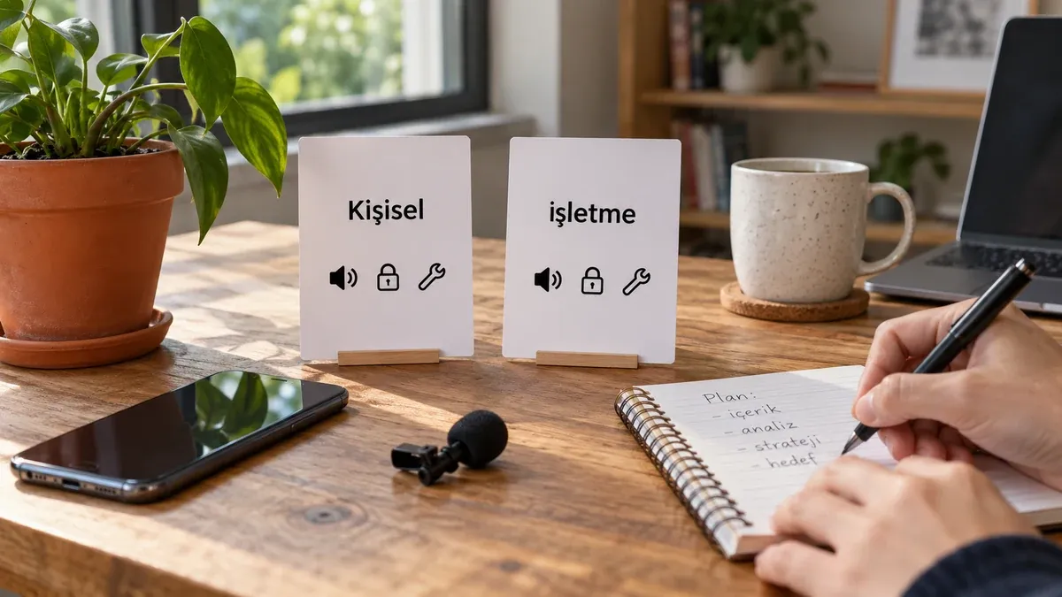 Terrakota saksının yanında Kişisel ve işletme kartlarındaki müzik, gizlilik ve araç simgelerini karşılaştıran çalışma masası.