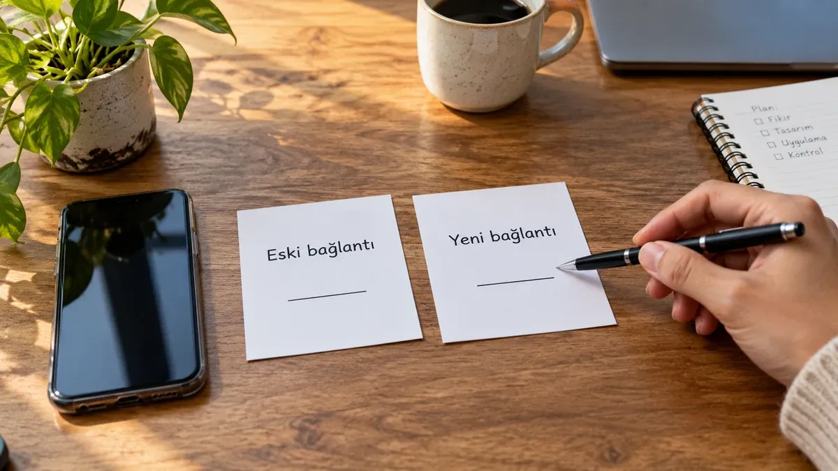 Eski bağlantı ve yeni bağlantı başlıklı boş tanıtım kartları ile telefonu kontrol eden kişi