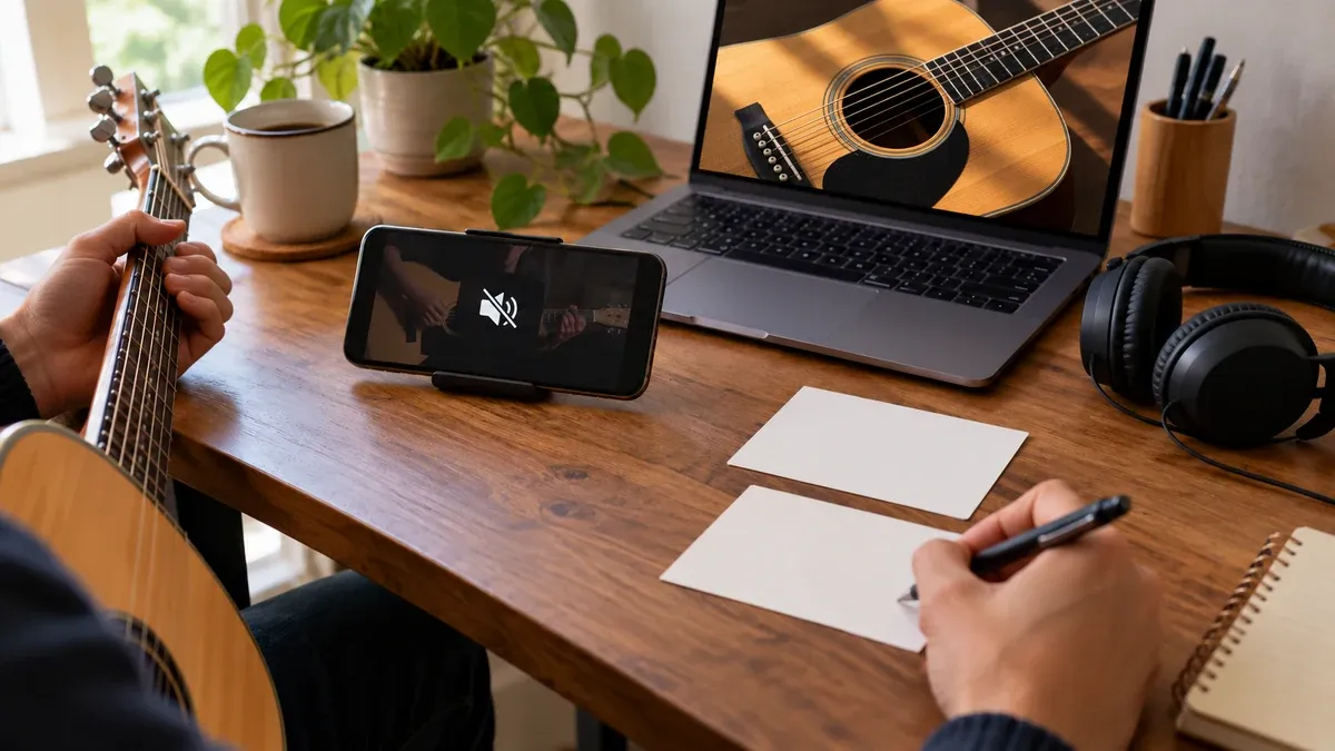 Gitar fotoğrafı yanında genel sessiz hoparlör simgesi bulunan telefon, kulaklık ve not yazan el
