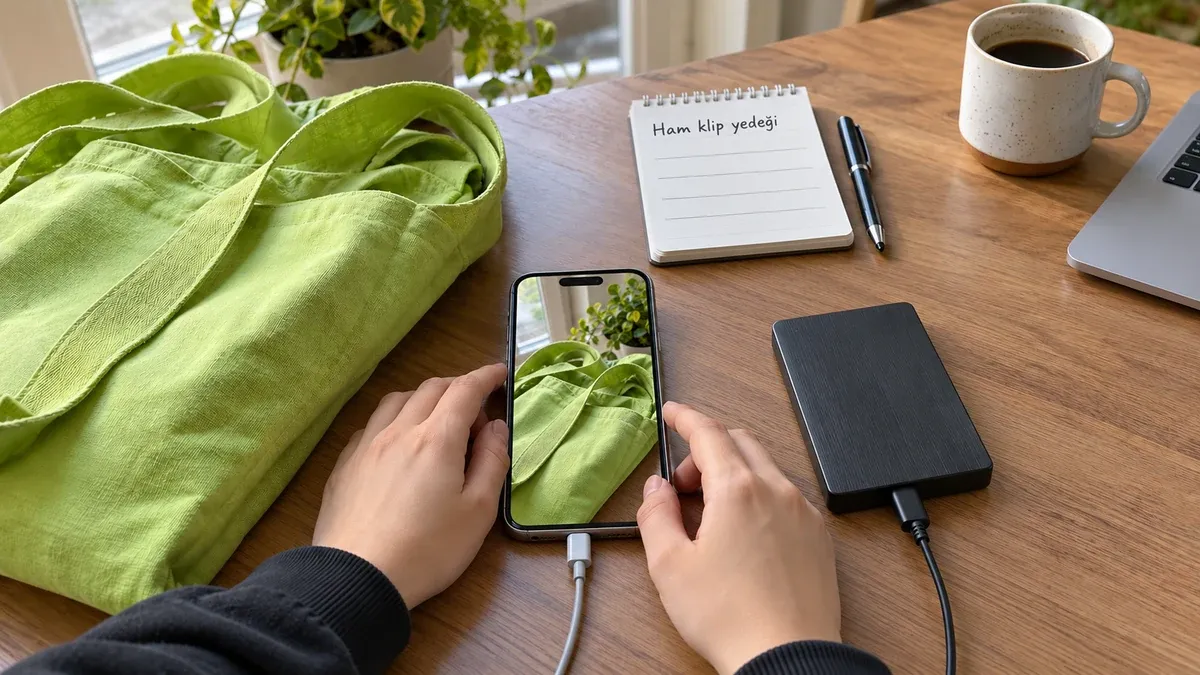 Yeşil çantanın fotoğrafını gösteren telefon, dış disk ve Ham klip yedeği yazılı defter