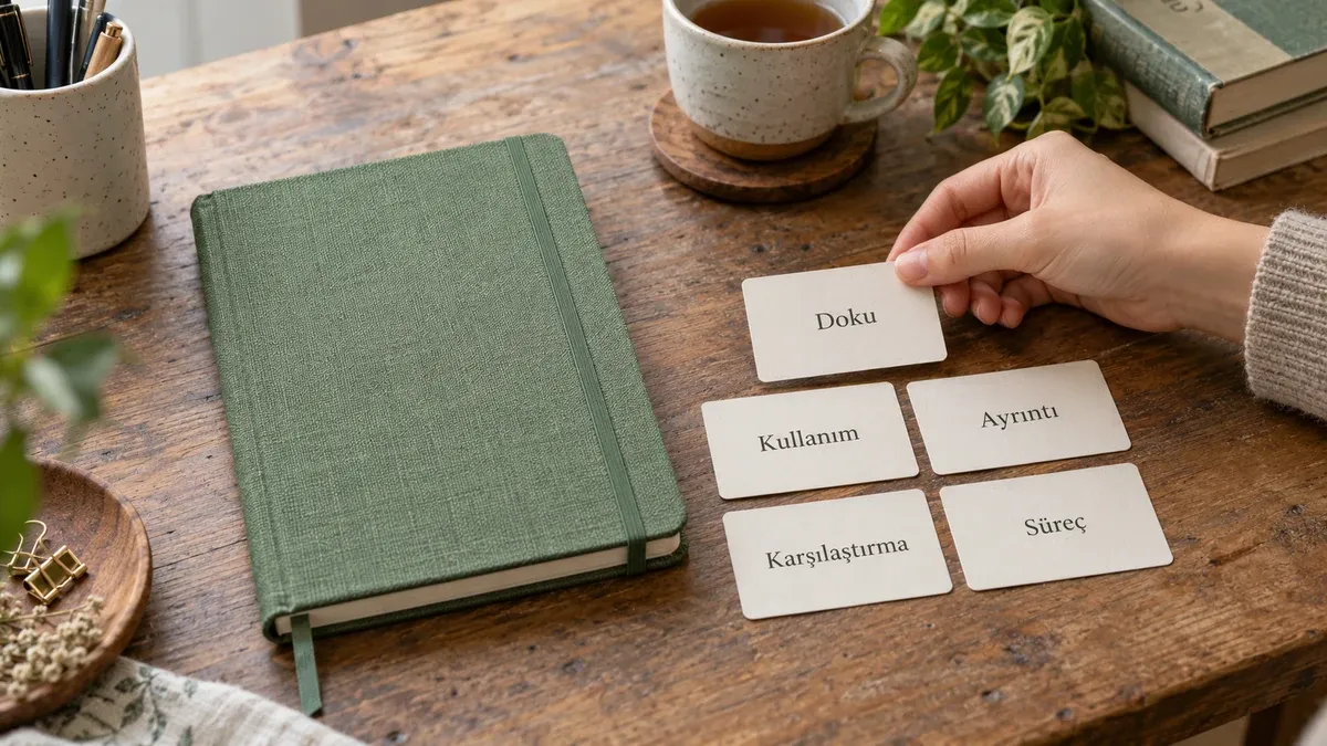 Yeşil defter yanında Doku, Kullanım, Ayrıntı, Karşılaştırma ve Süreç kartları