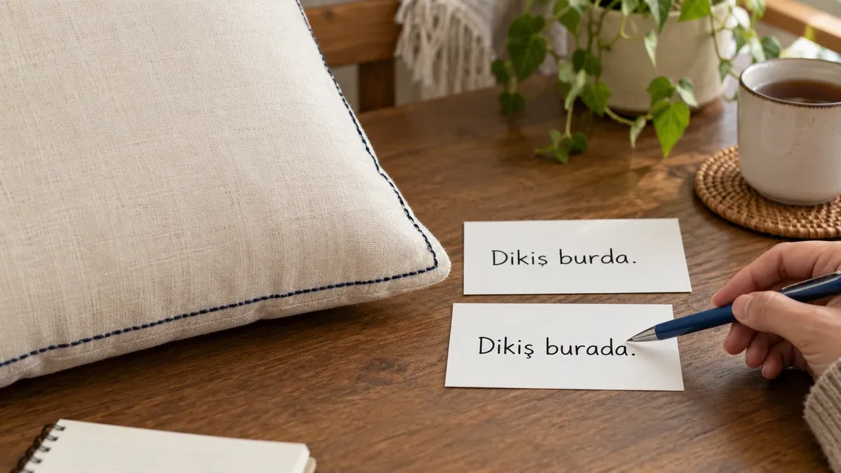 Dikiş burda ve Dikiş burada cümlelerini karşılaştıran kağıt kartlar