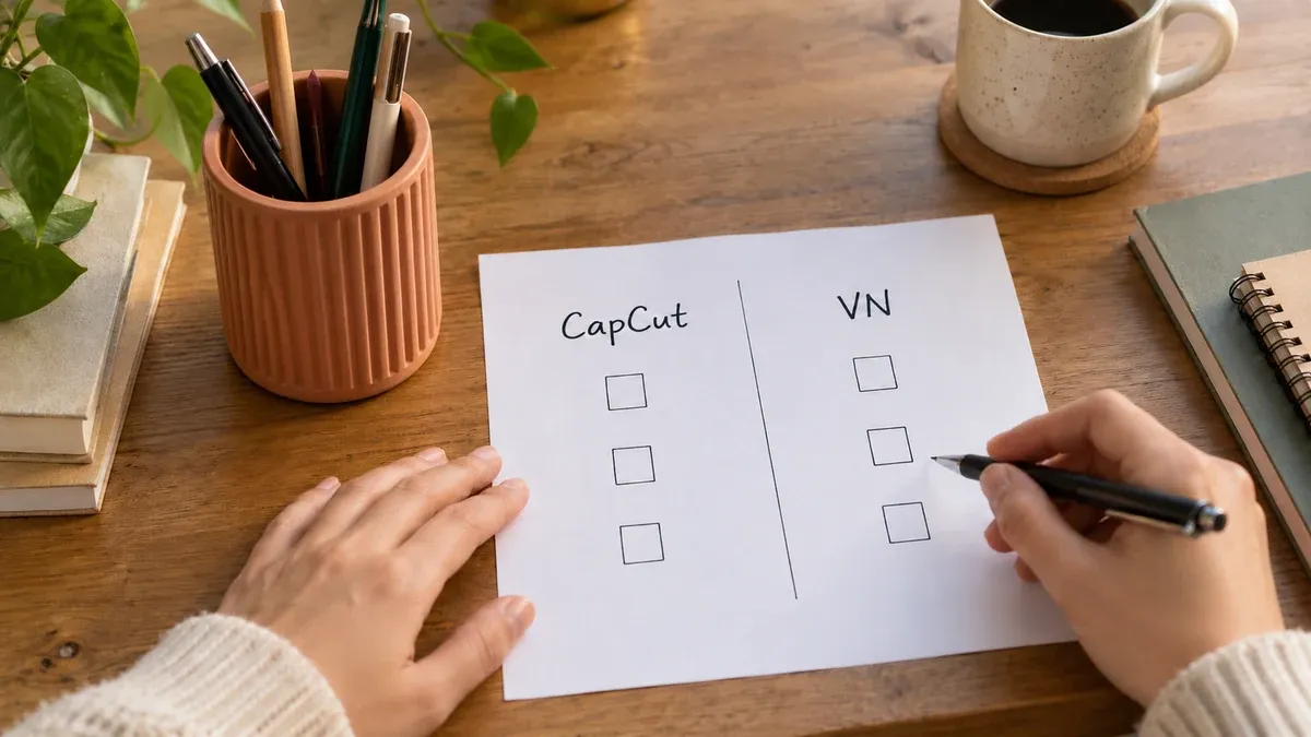 CapCut ve VN başlıklı kağıt kontrol listesi yanında seramik kalemlik