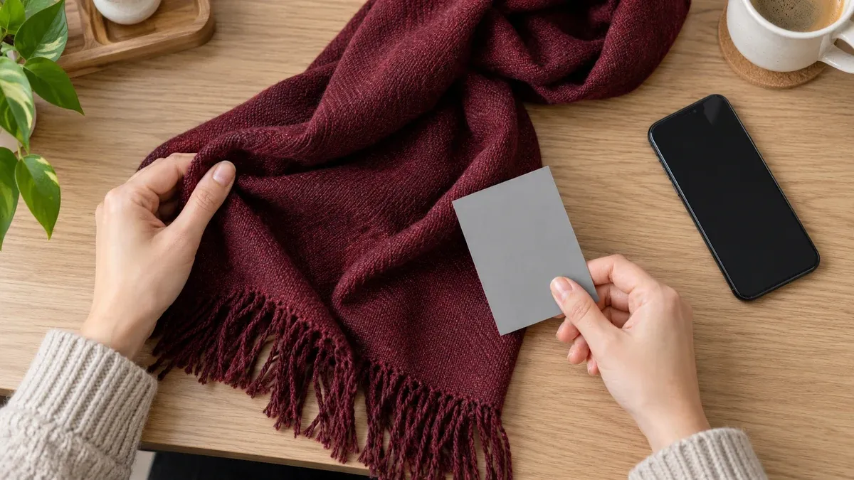 Bordo kumaşın üzerinde gri kart tutan eller ve ekranı kapalı siyah telefon