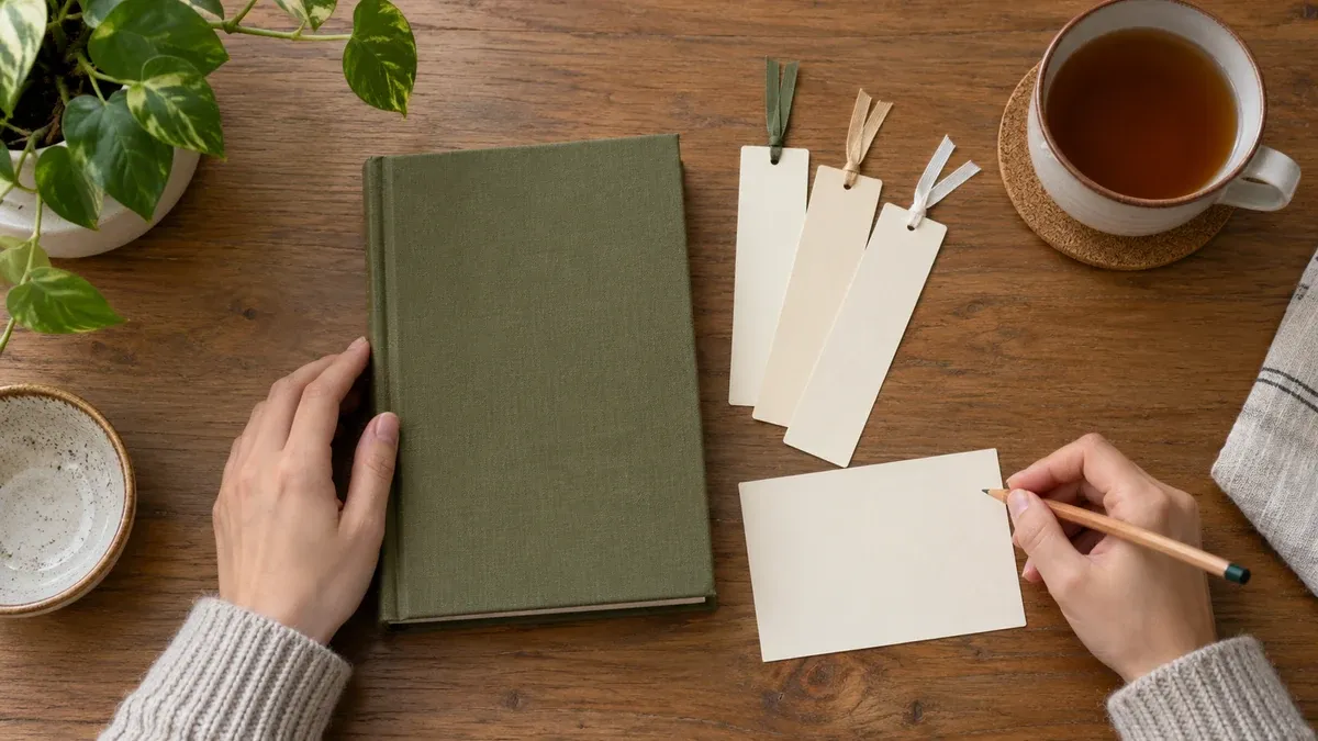 Zeytin yeşili kapalı kitap, üç boş ayraç ve boş not kartının yanında kalem tutan eller