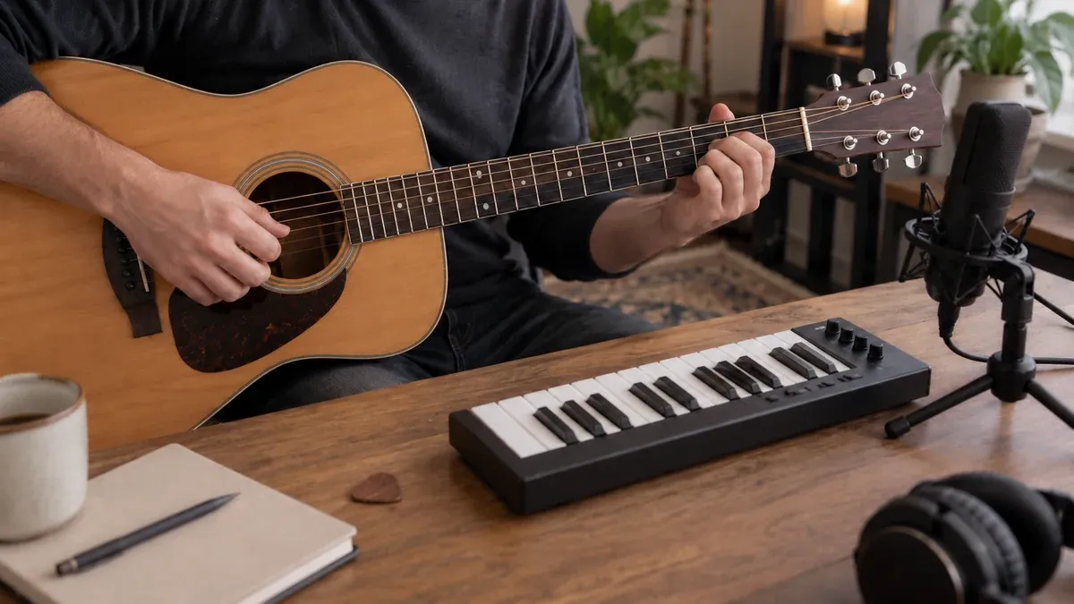 Akustik gitar çalan ellerin yanında küçük klavye ve mikrofon bulunan çalışma masası