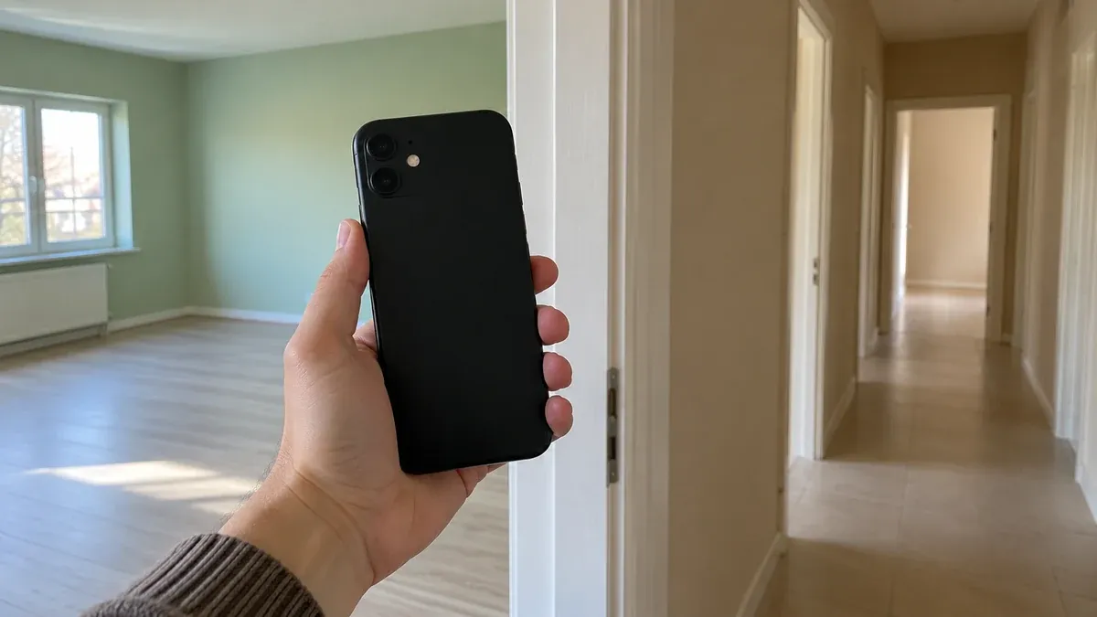 Boş dairede kapı yanında siyah telefon tutan el, salon ve koridor