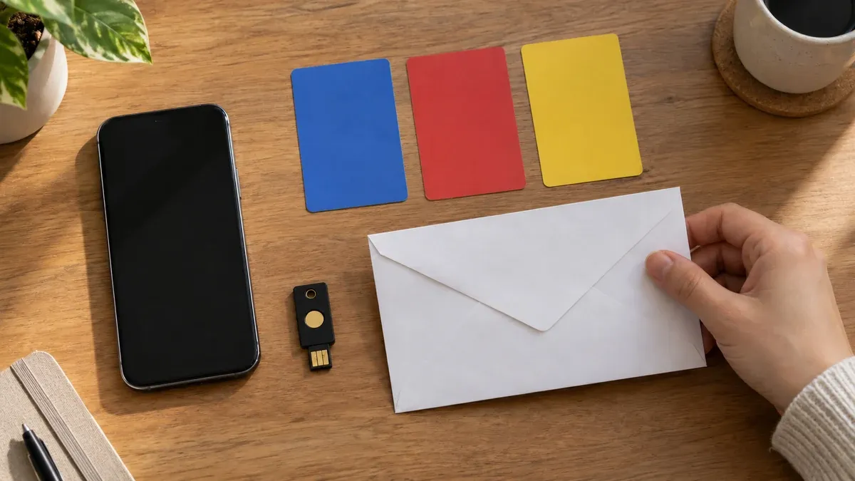 Kapalı zarfı tutan el, ekranı kapalı telefon, güvenlik anahtarı ve üç kart