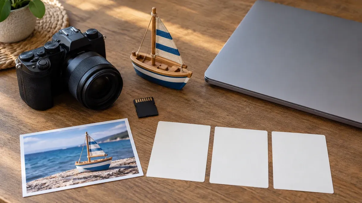 Yelkenli oyuncak teknenin fotoğrafı ve üç boş kontrol kartı yanında fotoğraf makinesi, bellek kartı ve kapalı bilgisayar.