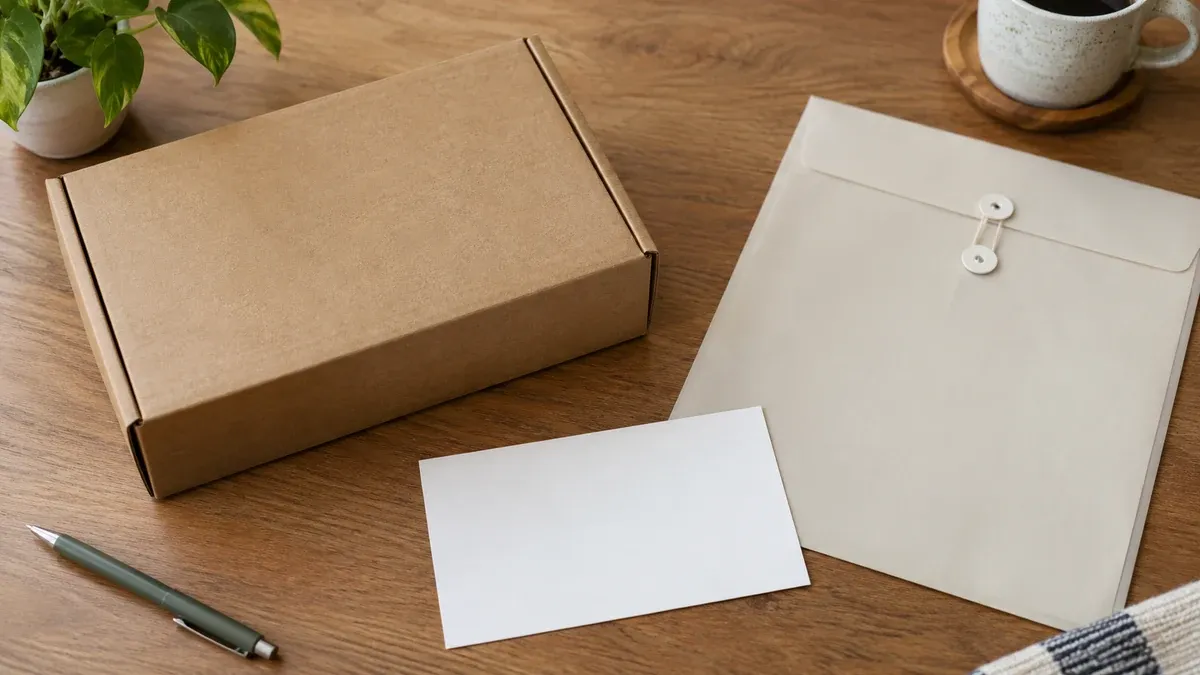Etiketsiz kapalı karton paket yanında boş yanıt kartı ve bağla kapatılmış opak dosya.