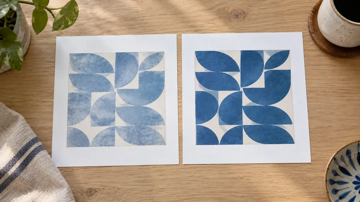 Boş beyaz kenarlı iki kağıtta aynı mavi geometrik desenin soluk ve net baskıları