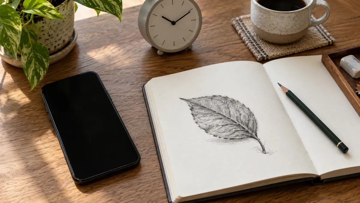 Yaprak çizimi, siyah ekranlı telefon ve analog saatin yakın masa görünümü