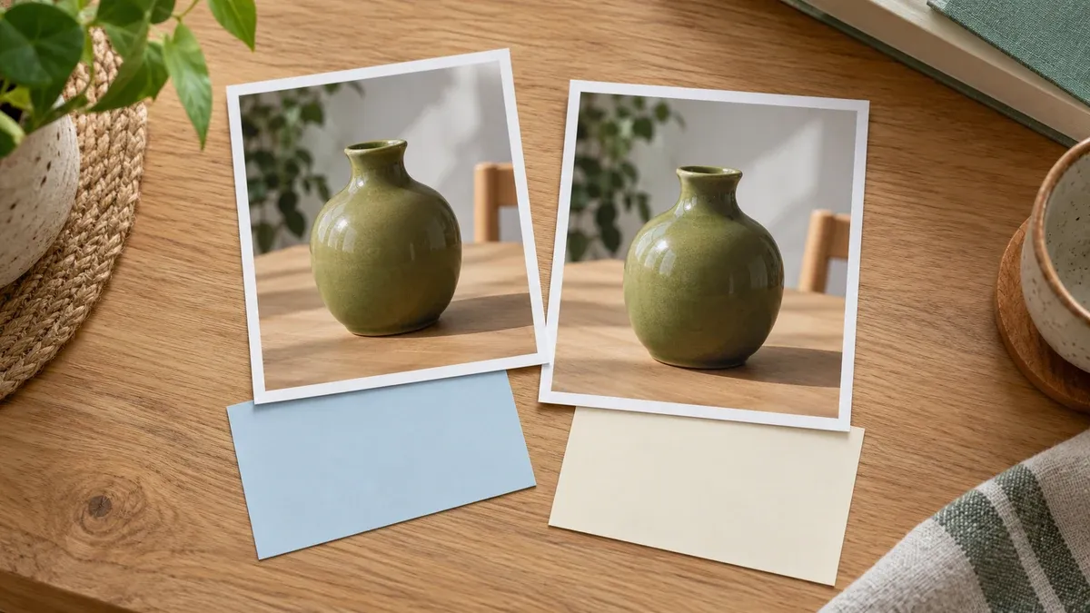 Aynı yeşil vazonun iki fiziksel fotoğrafı ile mavi ve krem kartların yakın görünümü