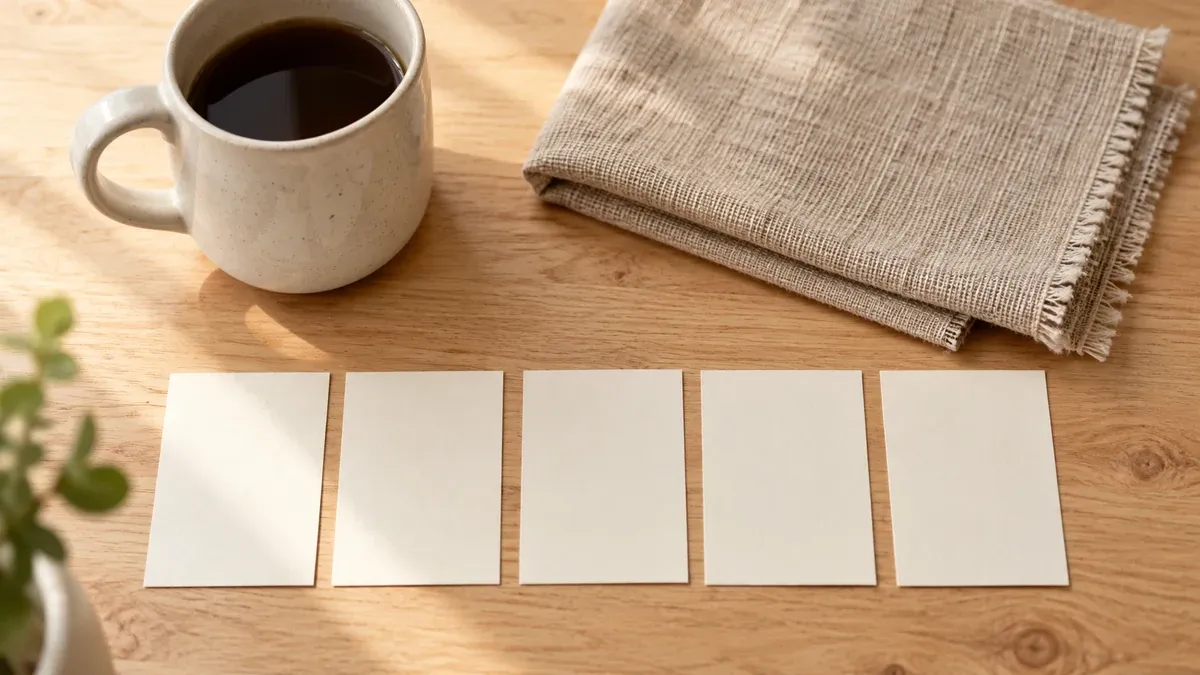 Krem kupa, keten dokusu ve beş boş kartın yakın üstten görünümü
