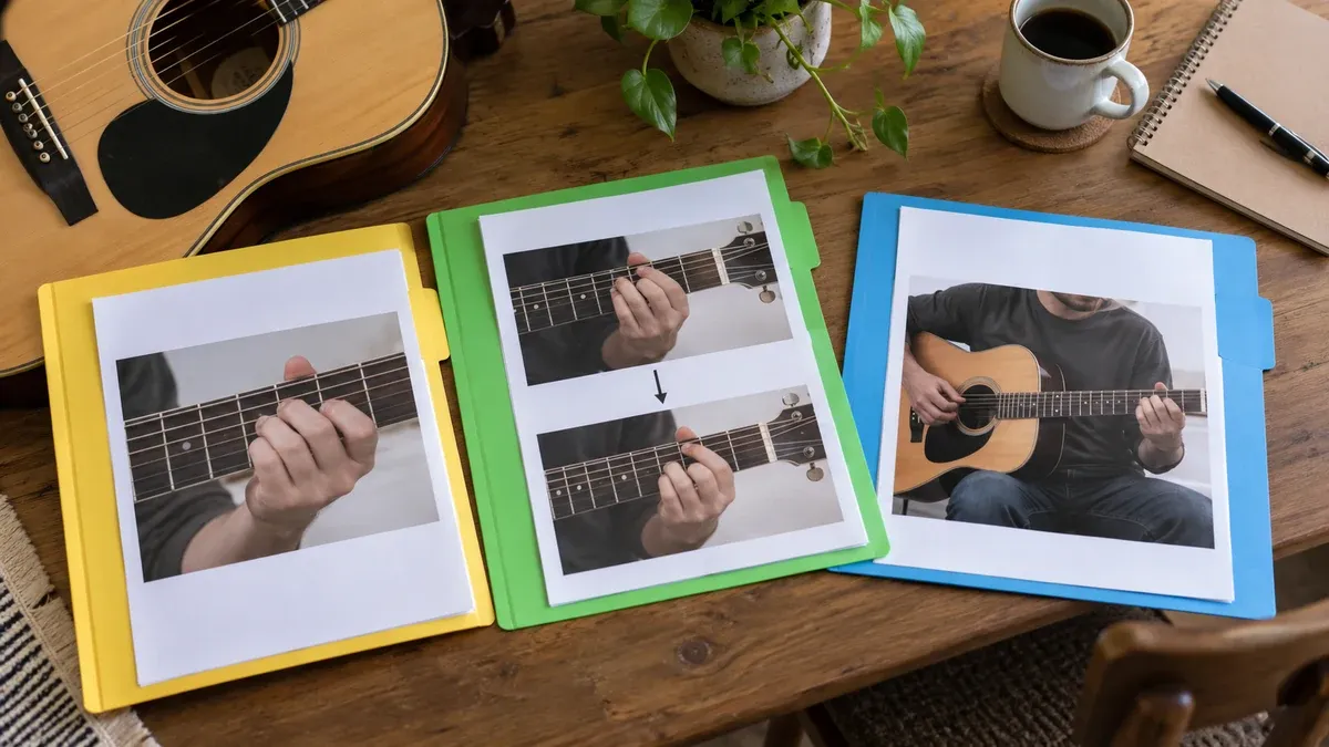 Gitar tutuşu, akor geçişi ve çalma fotoğraflarını ayıran üç dosya
