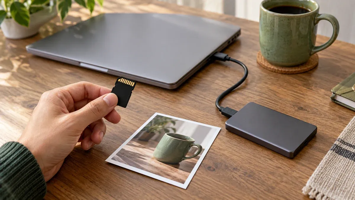 SD kart tutan el, kapalı bilgisayara bağlı SSD ve yeşil kupa fotoğrafı