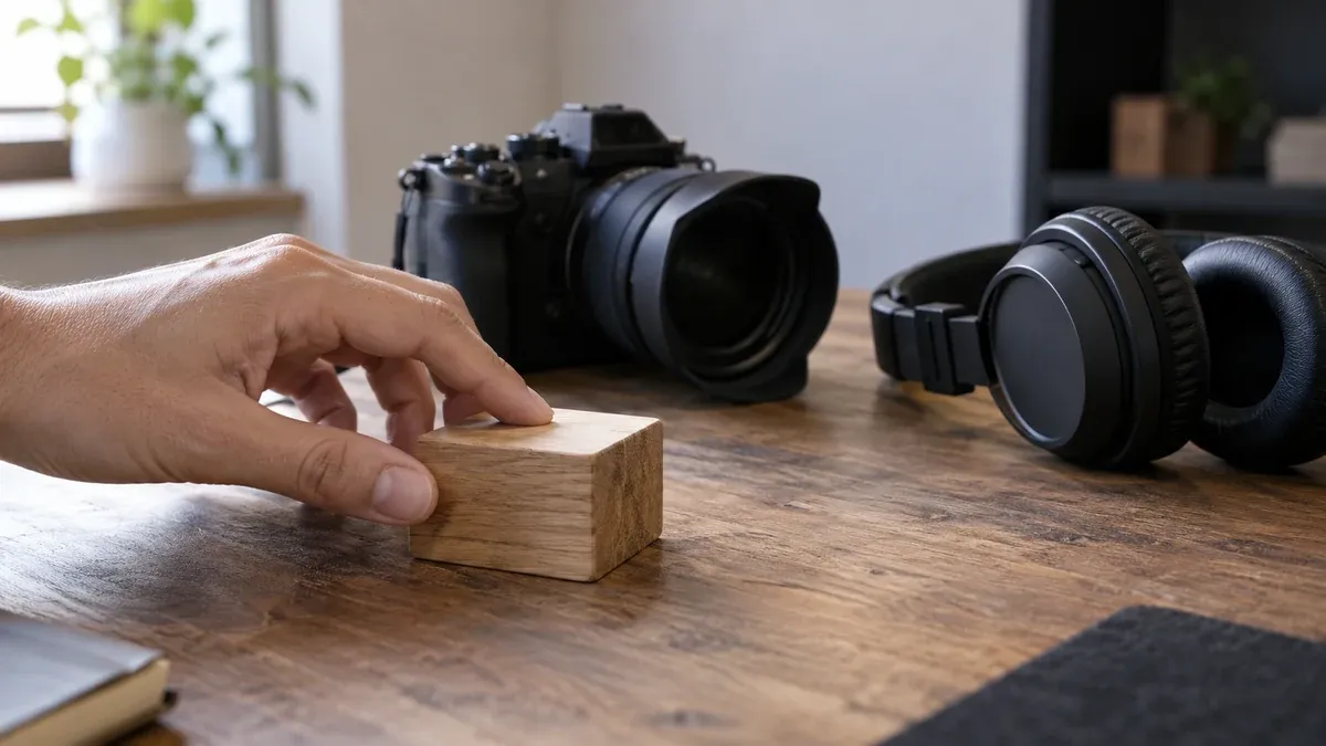 Ahşap bloğa dokunan elin arkasında fotoğraf makinesi ve siyah kulaklık.