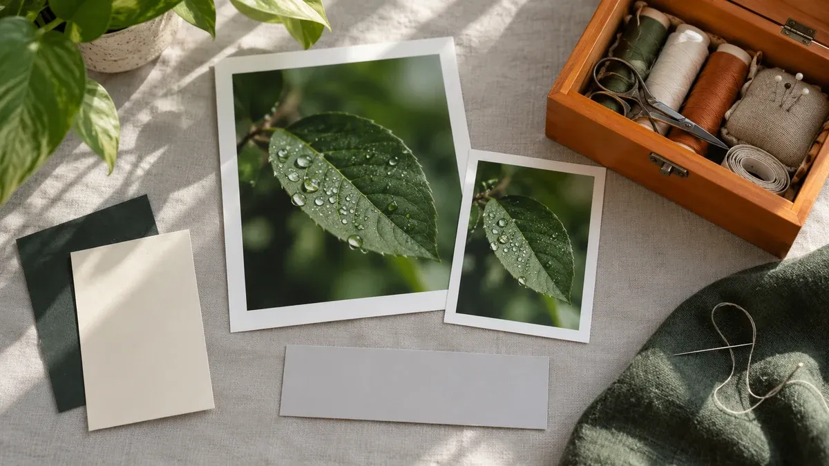İki boyutta yaprak fotoğrafı, boş kartlar, işlemeli kumaş ve dikiş kutusu.