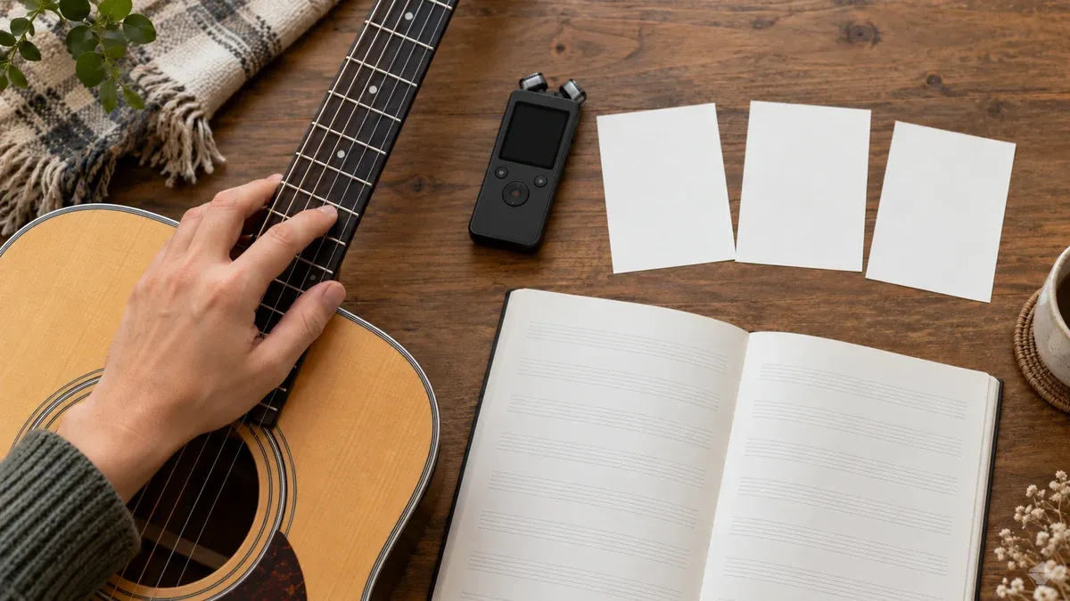 Gitarın sapındaki el, siyah ses kayıt cihazı, üç boş kart ve açık nota defteri.