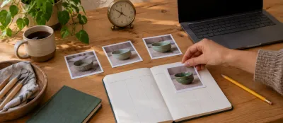 Seramik kase fotoğraflarını haftalık kağıt plana yerleştiren el, kalem ve masa saati.