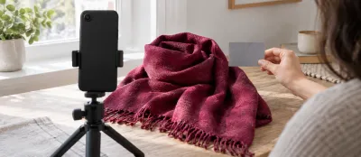 Pencere ışığında bordo kumaşın yanında gri kart tutan el ve arkası görünen siyah telefon