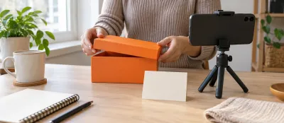Turuncu kutunun kapağını çekim telefonu karşısında tutan eller ve boş kart