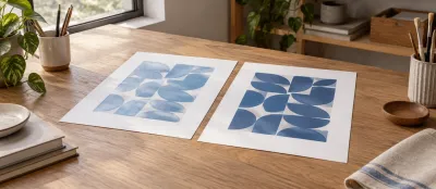 Yan yana duran soluk ve net mavi geometrik desenli iki kağıt baskı