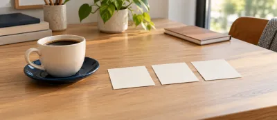 Lacivert tabakta krem kahve fincanı ve üç boş kart