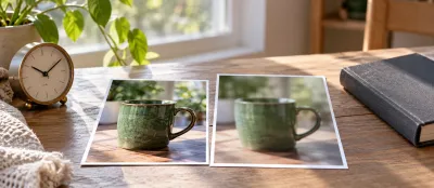 Aynı yeşil kupanın net ve bulanık iki fotoğrafı, analog saat ve kapalı dosya