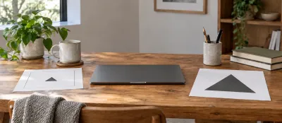 Kapalı bilgisayarın iki yanında küçük ve büyük üçgen çizimleri.