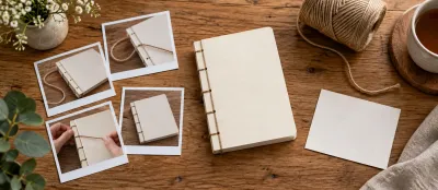 Sol sırtından kahverengi iple ciltlenmiş krem defter, dört süreç fotoğrafı ve boş kart.