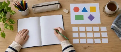 Ders defteri, geometrik şekiller, renkli kalemler ve üç sırada dizilmiş 15 boş kart.